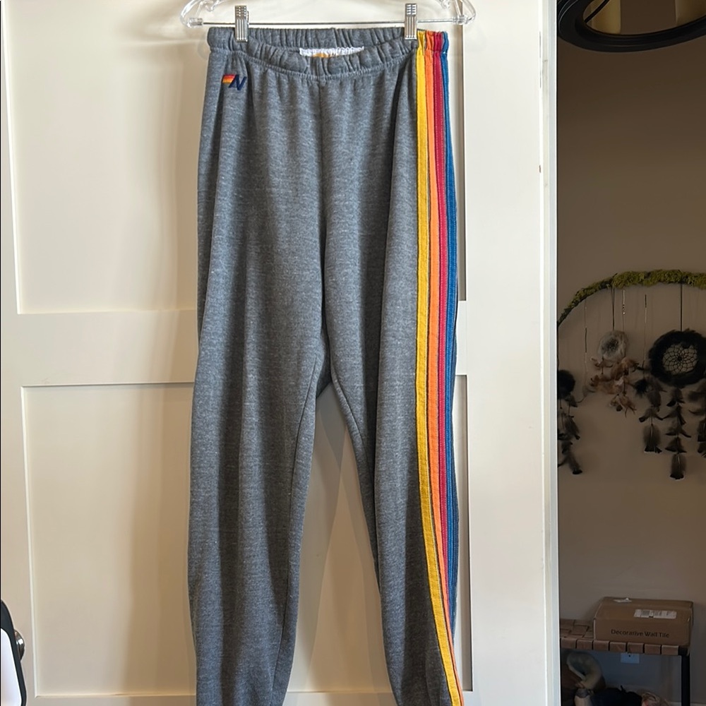 Aviator Nation Gray Track Pants with Rainbow Stripe